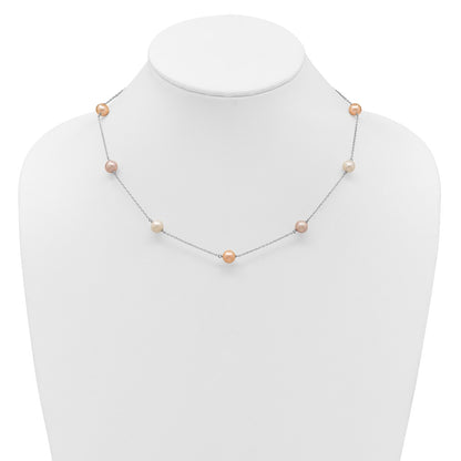 Sterling Silver Rh 7-8mm Multi-Color Fwc Pearl 9 Station Necklace
