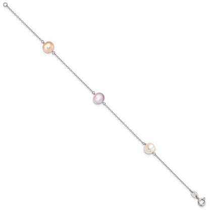 7.5 Inch Sterling Silver Rh-P 3-Stat 7-8M Wht/Pink/Pur Semi-Round Fwc Pearl Bracelet