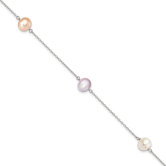 7.5 Inch Sterling Silver Rh-P 3-Stat 7-8M Wht/Pink/Pur Semi-Round Fwc Pearl Bracelet