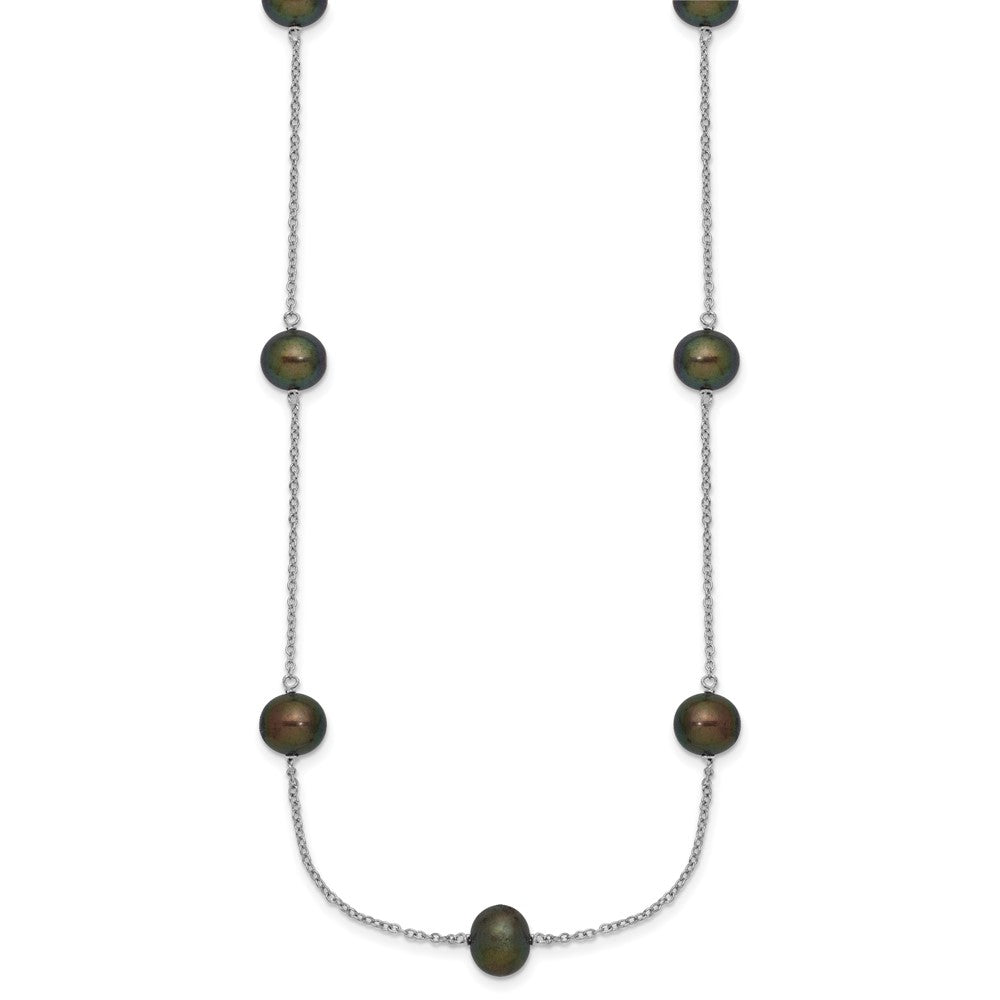 Sterling Silver Rh 7-8mm Black Fwc Pearl 9 Station Necklace