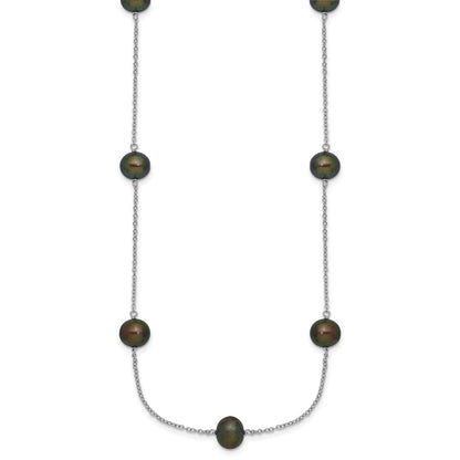Sterling Silver Rh 7-8mm Black Fwc Pearl 9 Station Necklace
