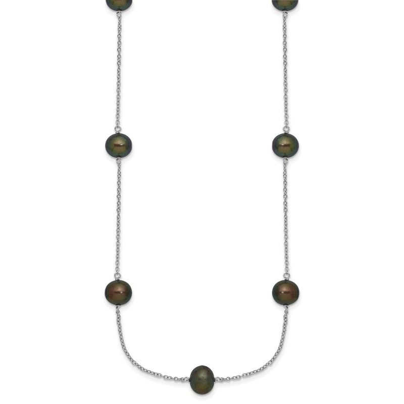 Sterling Silver Rh 7-8mm Black Fwc Pearl 9 Station Necklace