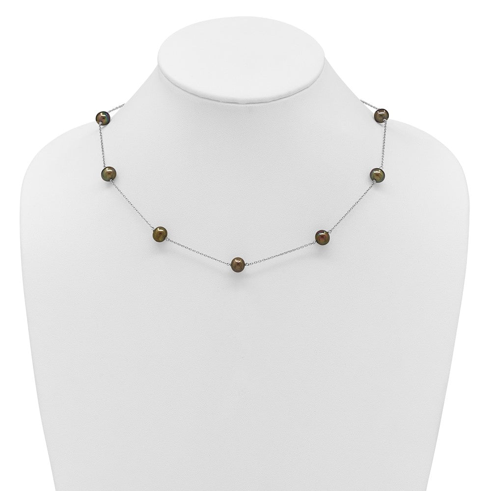 Sterling Silver Rh 7-8mm Black Fwc Pearl 9 Station Necklace