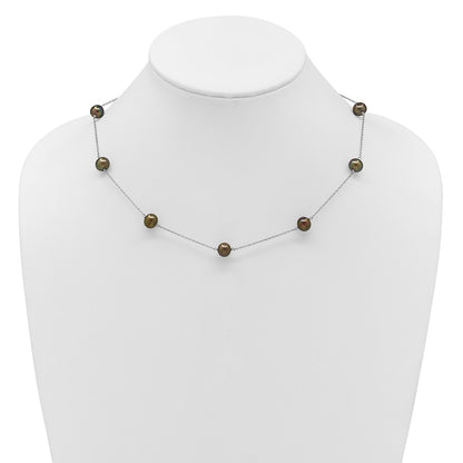 Sterling Silver Rh 7-8mm Black Fwc Pearl 9 Station Necklace
