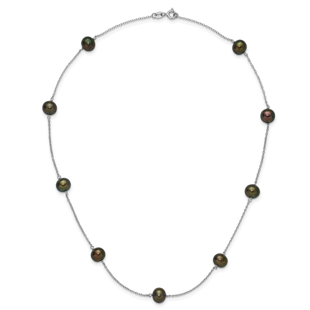Sterling Silver Rh 7-8mm Black Fwc Pearl 9 Station Necklace