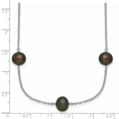Sterling Silver Rh 7-8mm Black Fwc Pearl 9 Station Necklace