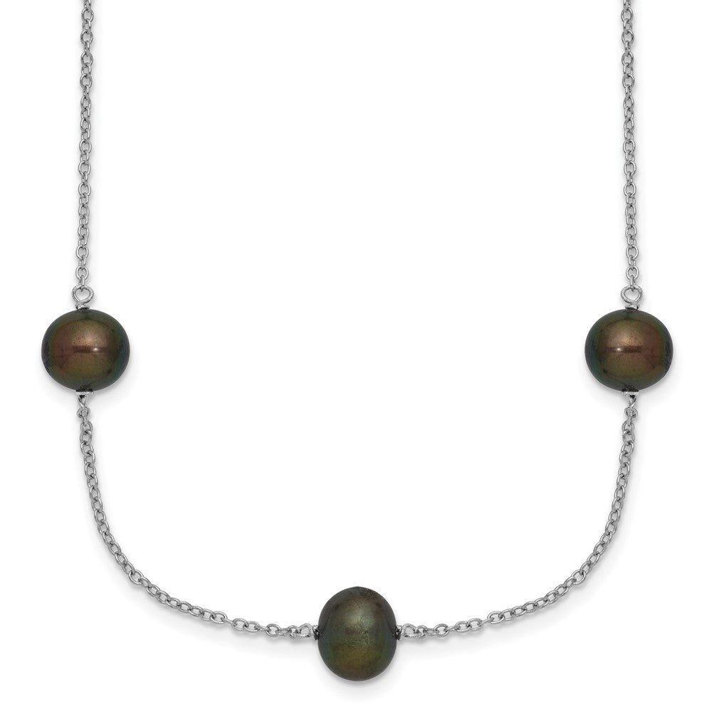 Sterling Silver Rh 7-8mm Black Fwc Pearl 9 Station Necklace