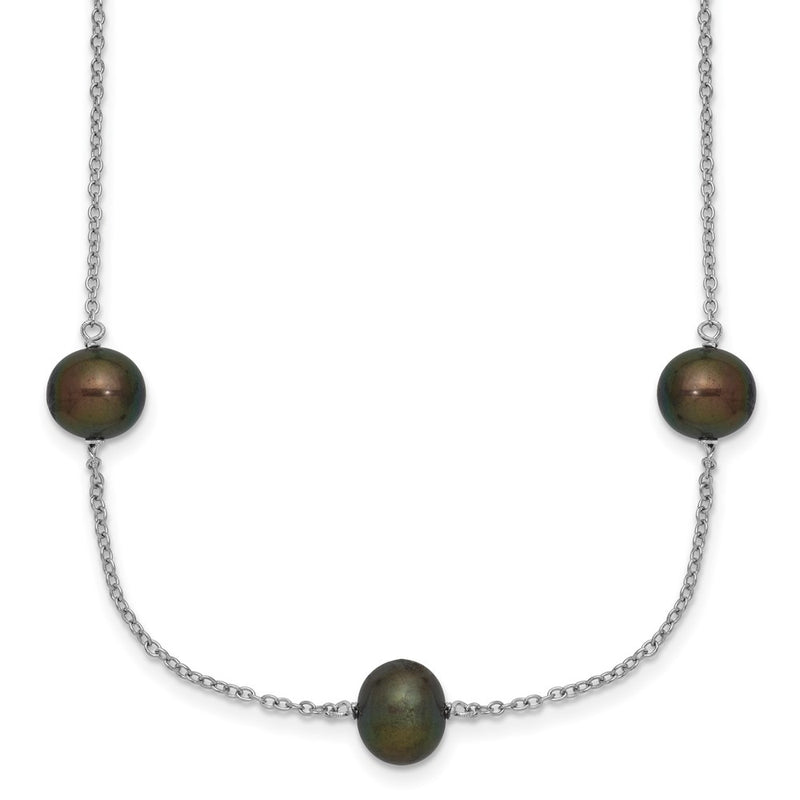 Sterling Silver Rh 7-8mm Black Fwc Pearl 9 Station Necklace