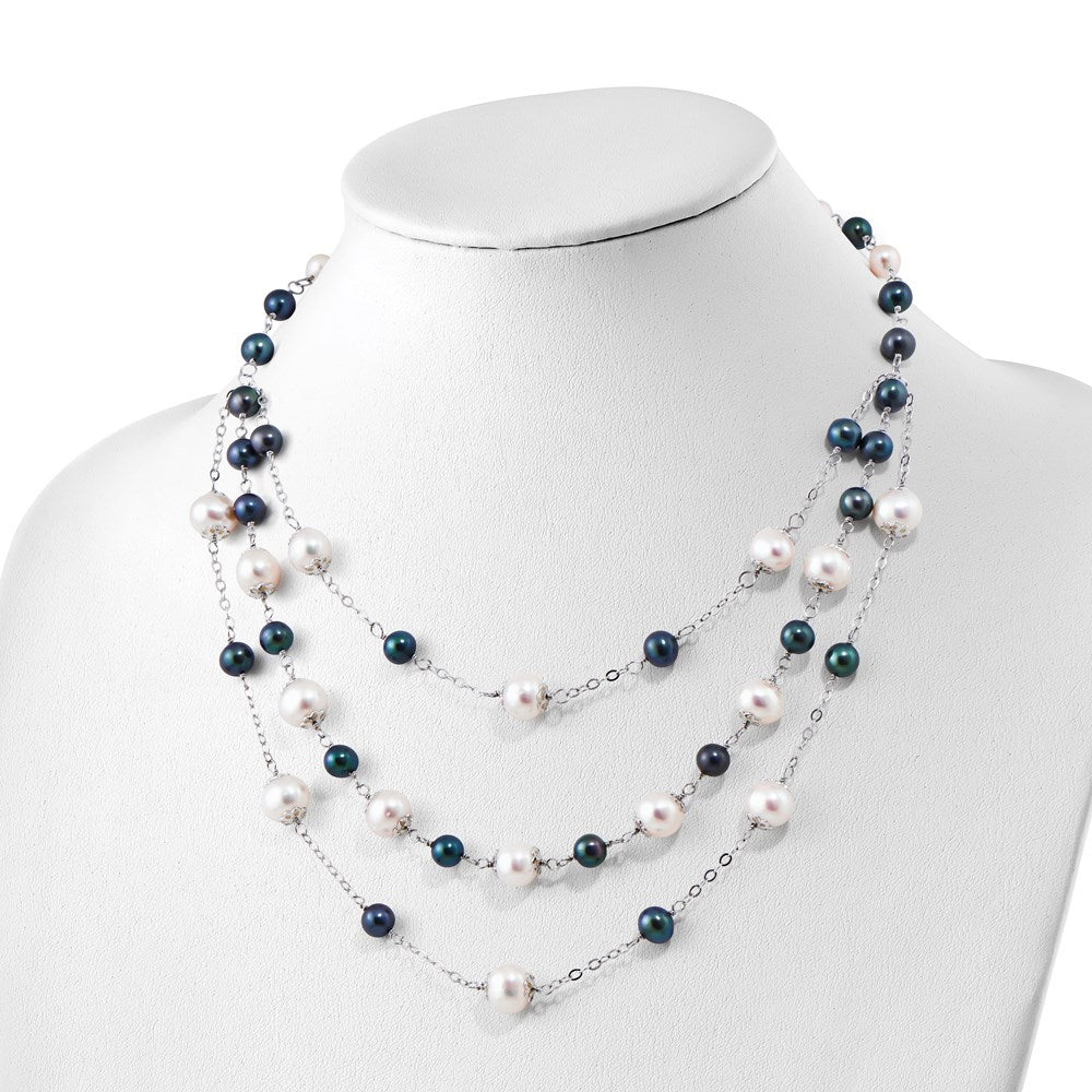 Sterling Silver Rh 6-10mm Wte/Blk Fwc Pearl Layered 2In Ext. Neck