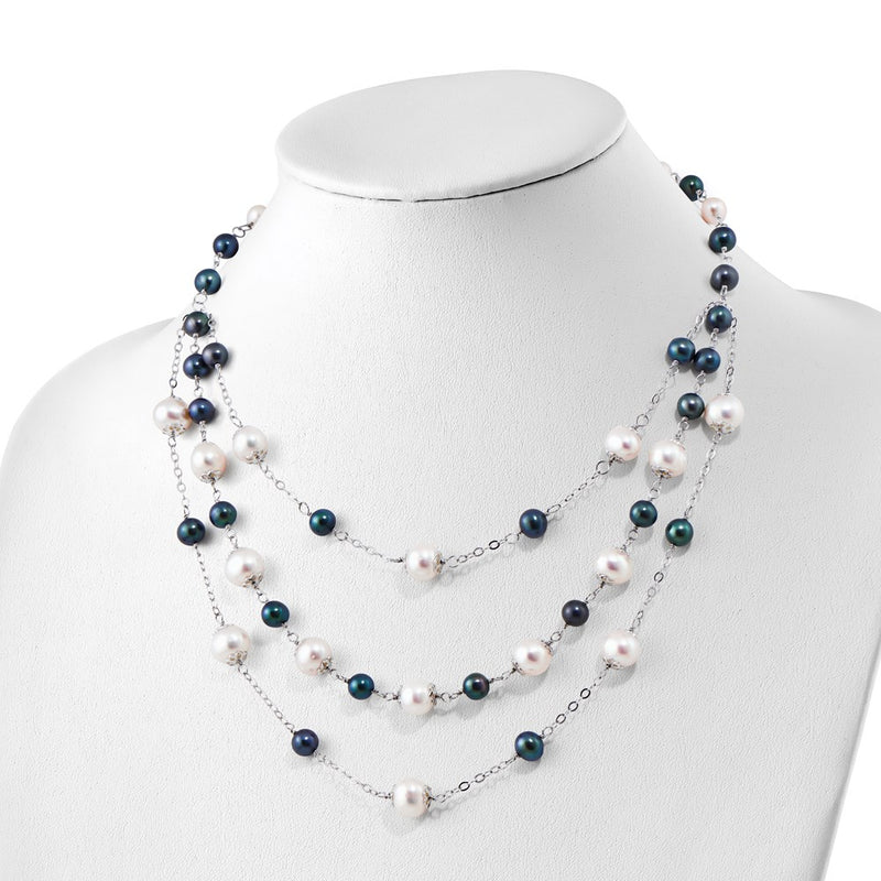 Sterling Silver Rh 6-10mm Wte/Blk Fwc Pearl Layered 2In Ext. Neck