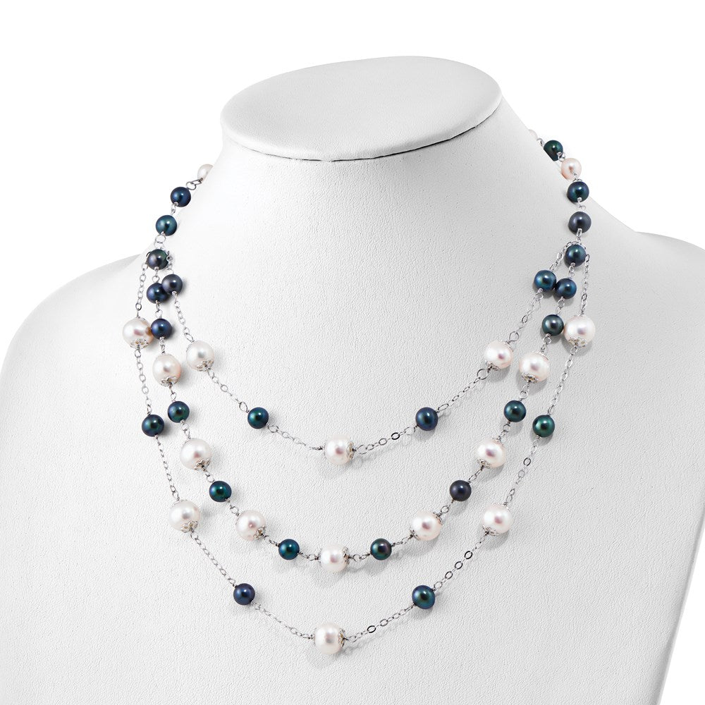 Sterling Silver Rh 6-10mm Wte/Blk Fwc Pearl Layered 2In Ext. Neck