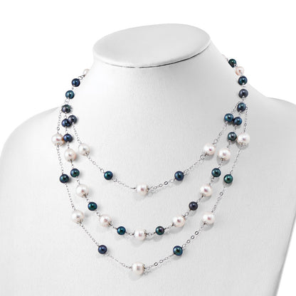 Sterling Silver Rh 6-10mm Wte/Blk Fwc Pearl Layered 2In Ext. Neck