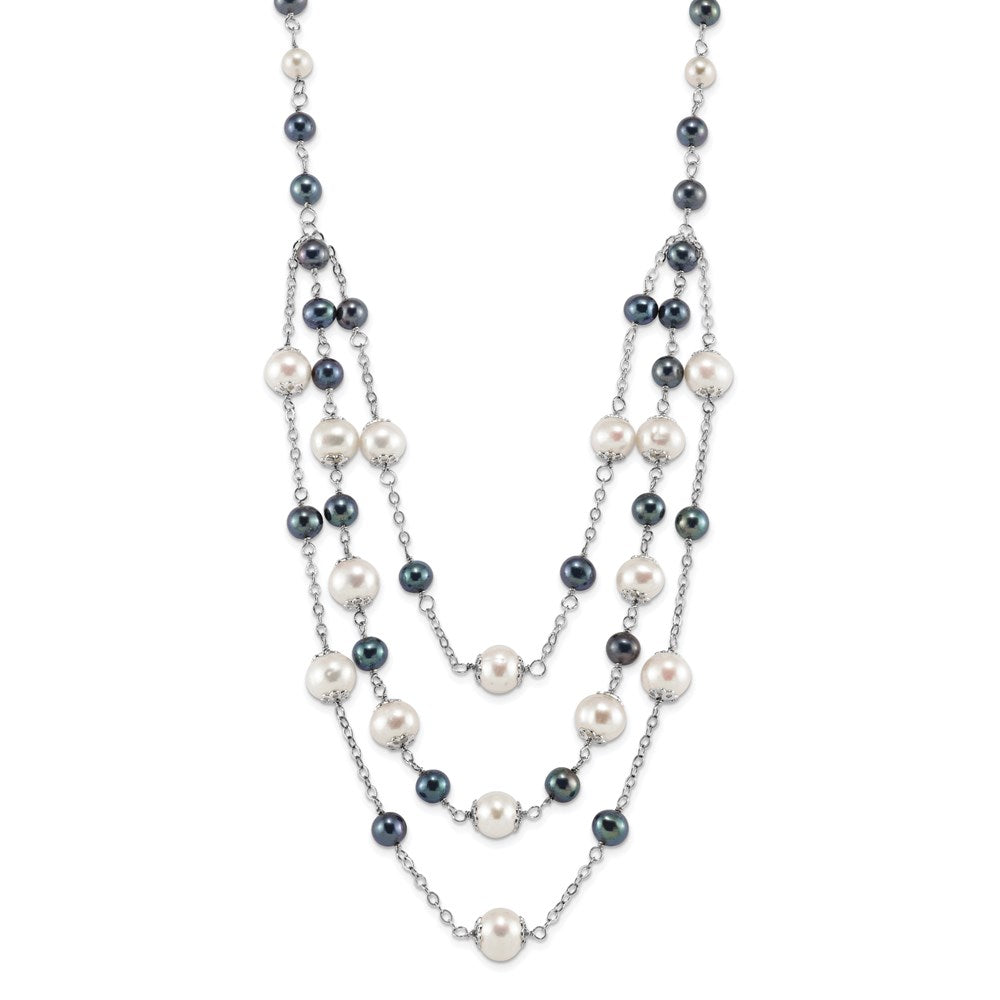 Sterling Silver Rh 6-10mm Wte/Blk Fwc Pearl Layered 2In Ext. Neck