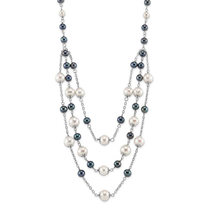 Sterling Silver Rh 6-10mm Wte/Blk Fwc Pearl Layered 2In Ext. Neck