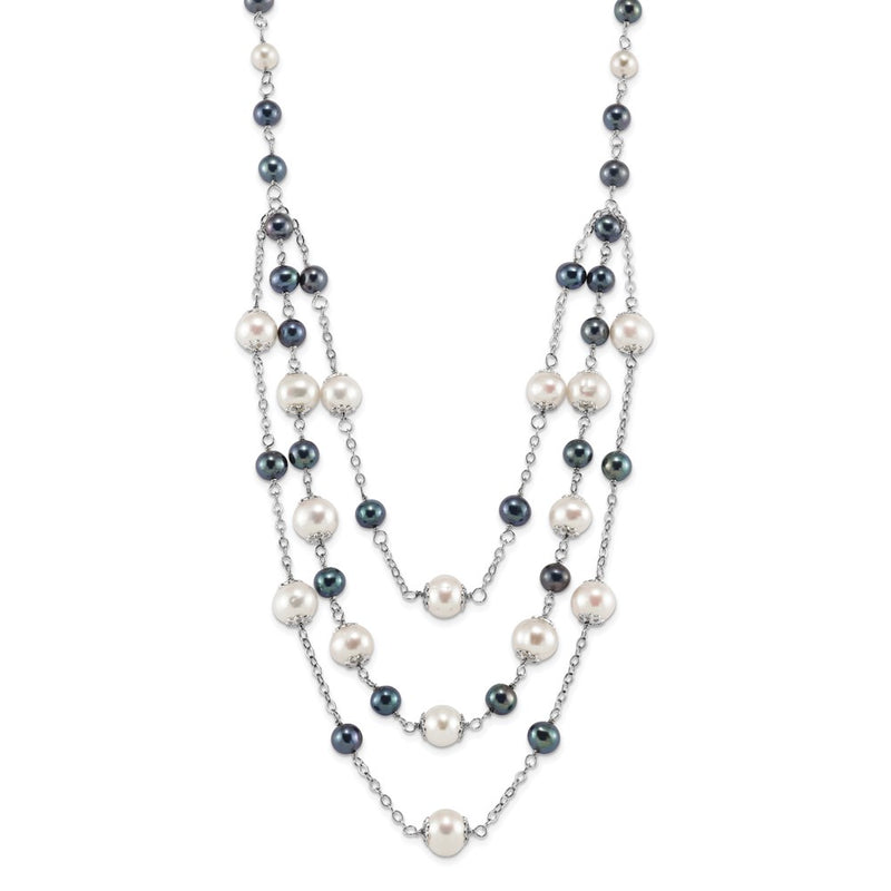 Sterling Silver Rh 6-10mm Wte/Blk Fwc Pearl Layered 2In Ext. Neck