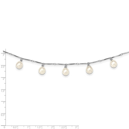 Sterling Silver Rh-Plated 7X8mm White Teardrop Fwc Pearl Necklace