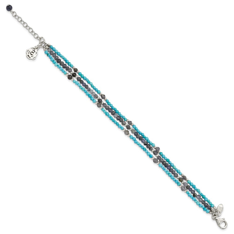 7 Inch Ss Iolite/Lapis Quartz/Recon. Turquoise 3-Strand W/1In Ext. Bracelet