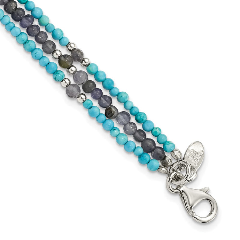 7 Inch Ss Iolite/Lapis Quartz/Recon. Turquoise 3-Strand W/1In Ext. Bracelet
