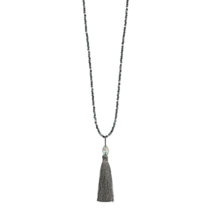 Sterling Silver Ss Green Glass/Hematite/Grey Quartz W/Nylon Tassel Drop Necklace