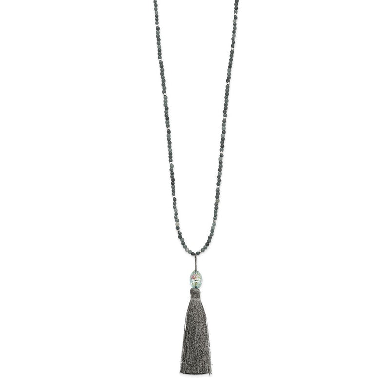 Sterling Silver Ss Green Glass/Hematite/Grey Quartz W/Nylon Tassel Drop Necklace