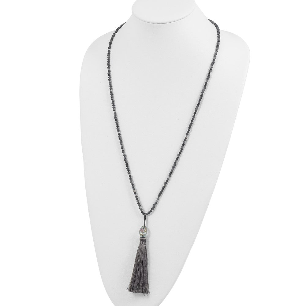 Sterling Silver Ss Green Glass/Hematite/Grey Quartz W/Nylon Tassel Drop Necklace