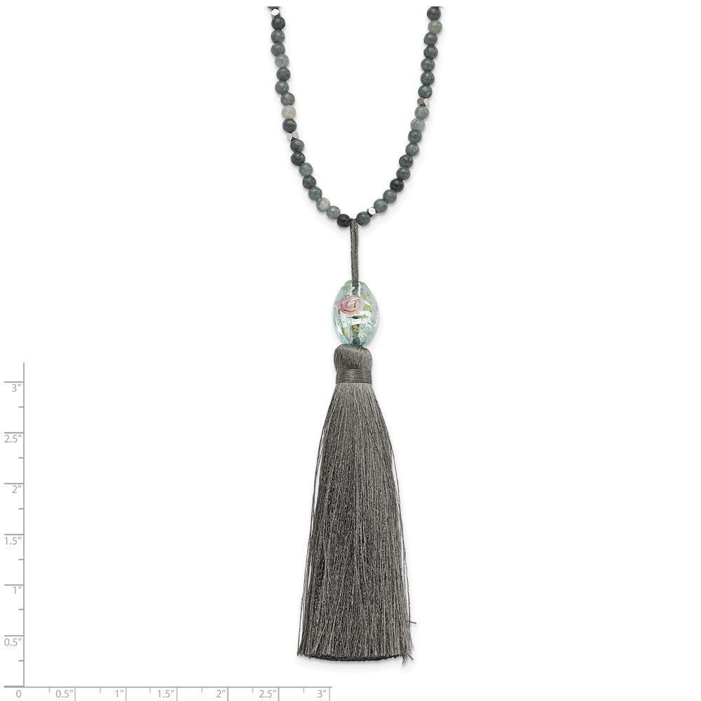 Sterling Silver Ss Green Glass/Hematite/Grey Quartz W/Nylon Tassel Drop Necklace