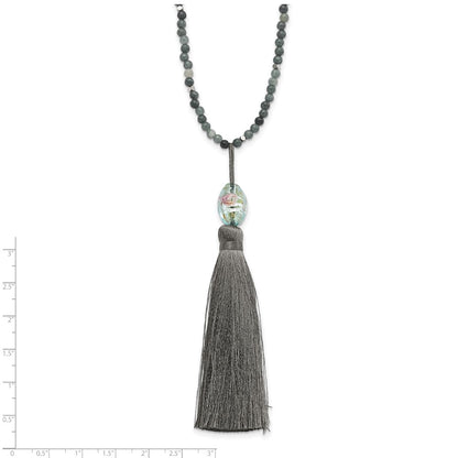 Sterling Silver Ss Green Glass/Hematite/Grey Quartz W/Nylon Tassel Drop Necklace