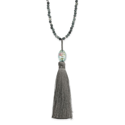Sterling Silver Ss Green Glass/Hematite/Grey Quartz W/Nylon Tassel Drop Necklace