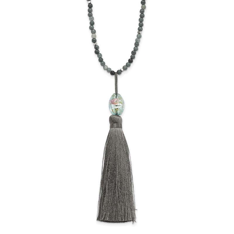 Sterling Silver Ss Green Glass/Hematite/Grey Quartz W/Nylon Tassel Drop Necklace
