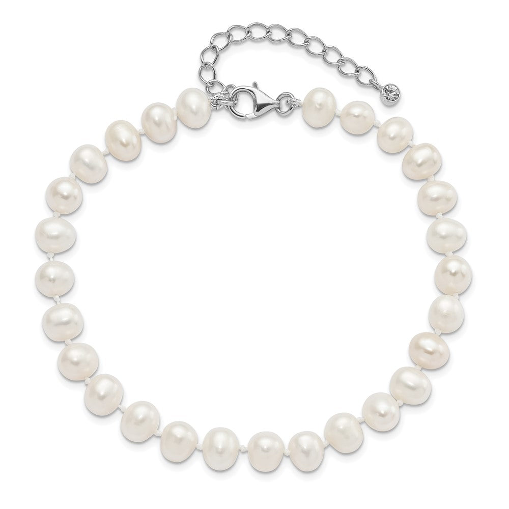Sterling Silver Rh-Plated 7-8mm Fwc Pearl Cz W/2In Ext Anklet