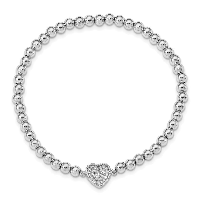 7 Inch Sterling Silver Rhodium-Plated Polished Beaded Cz Heart Stretch Bracelet