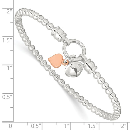 7 Inch Sterling Silver Rose -Tone Heart And Bell Stretch Bracelet