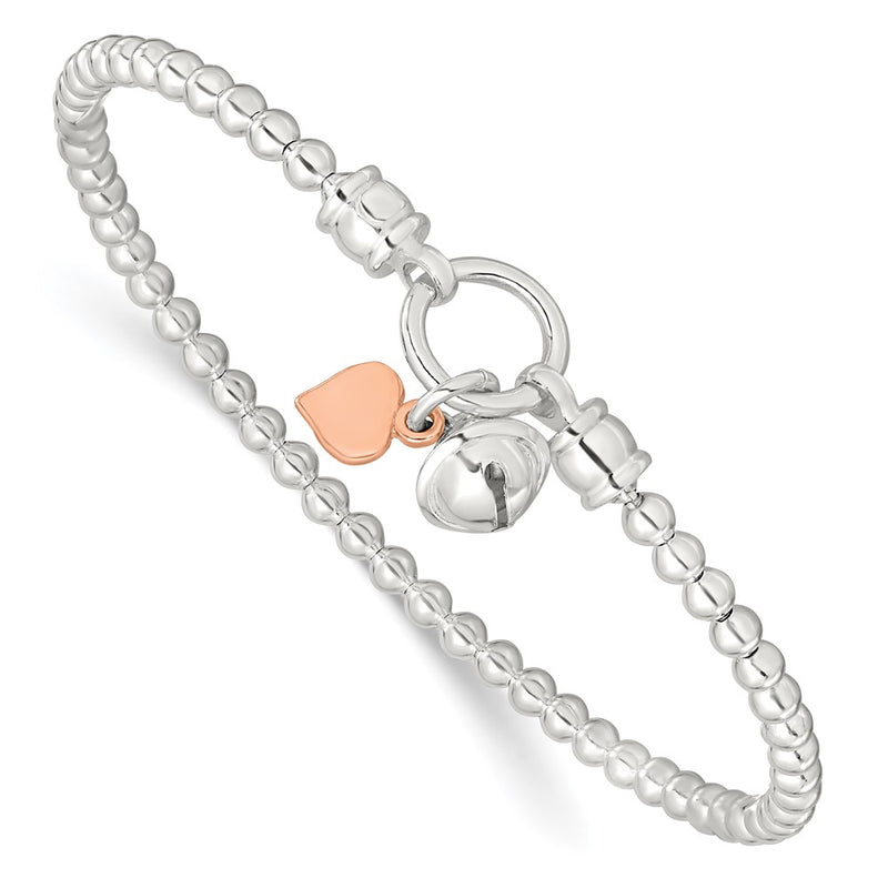 7 Inch Sterling Silver Rose -Tone Heart And Bell Stretch Bracelet