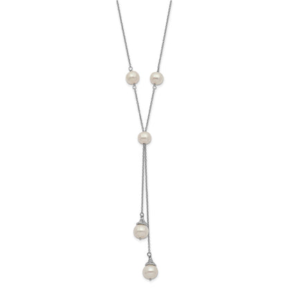 Sterling Silver Rhod-Plat White Fwc Pearl 9 Station 2 Drop 2In Ext Necklace