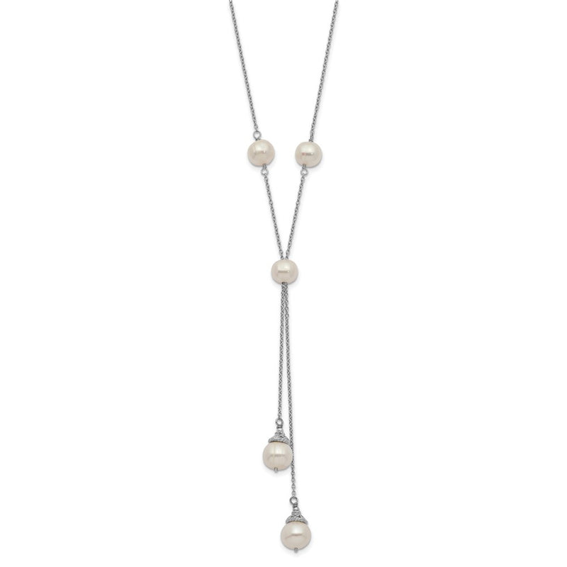 Sterling Silver Rhod-Plat White Fwc Pearl 9 Station 2 Drop 2In Ext Necklace