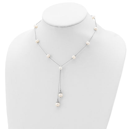 Sterling Silver Rhod-Plat White Fwc Pearl 9 Station 2 Drop 2In Ext Necklace