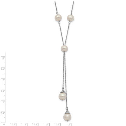 Sterling Silver Rhod-Plat White Fwc Pearl 9 Station 2 Drop 2In Ext Necklace