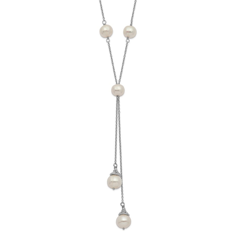 Sterling Silver Rhod-Plat White Fwc Pearl 9 Station 2 Drop 2In Ext Necklace