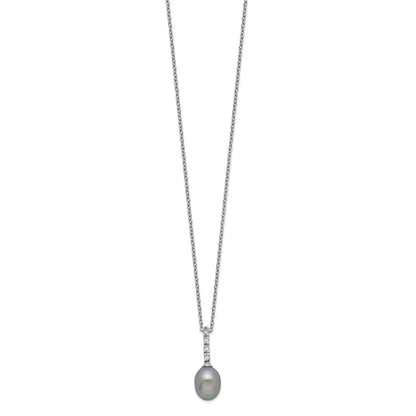 Sterling Silver Rhod-Plat 7-8mm Grey Fwc Pearl Cz Necklace