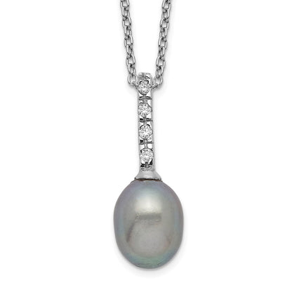 Sterling Silver Rhod-Plat 7-8mm Grey Fwc Pearl Cz Necklace