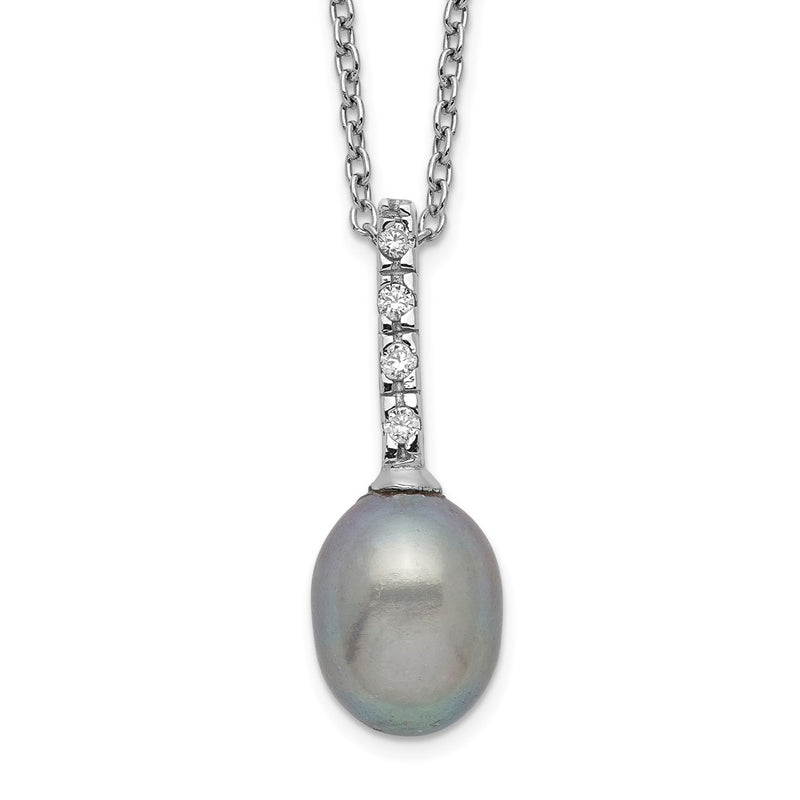 Sterling Silver Rhod-Plat 7-8mm Grey Fwc Pearl Cz Necklace