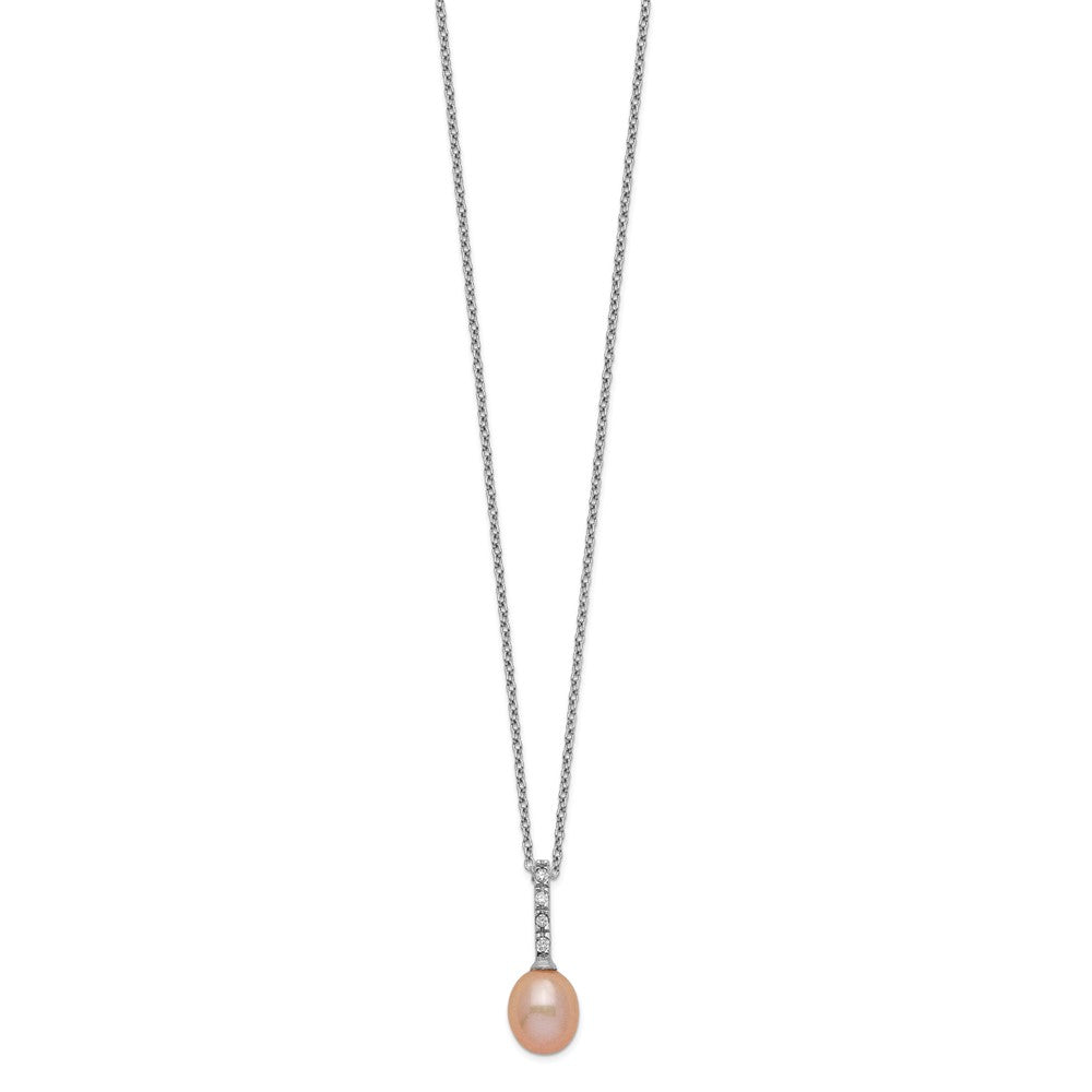 Sterling Silver Rhod-Plat 7-8mm Pink Fwc Pearl Cz Necklace