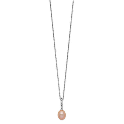 Sterling Silver Rhod-Plat 7-8mm Pink Fwc Pearl Cz Necklace