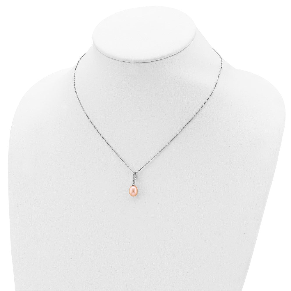 Sterling Silver Rhod-Plat 7-8mm Pink Fwc Pearl Cz Necklace