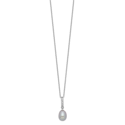 Sterling Silver Rhod-Plat 8-9mm Grey Fwc Pearl Cz Necklace