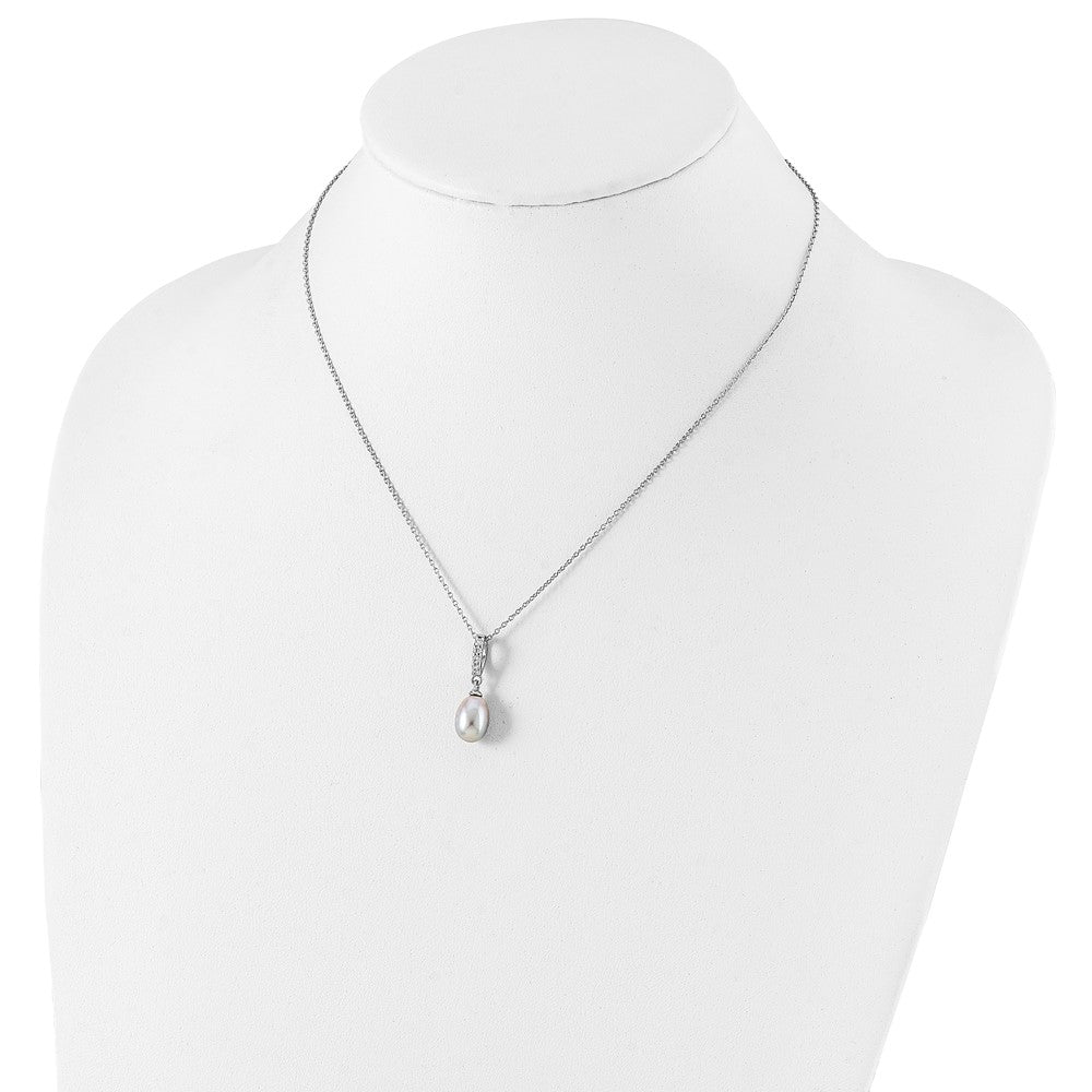 Sterling Silver Rhod-Plat 8-9mm Grey Fwc Pearl Cz Necklace