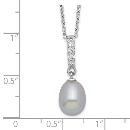 Sterling Silver Rhod-Plat 8-9mm Grey Fwc Pearl Cz Necklace