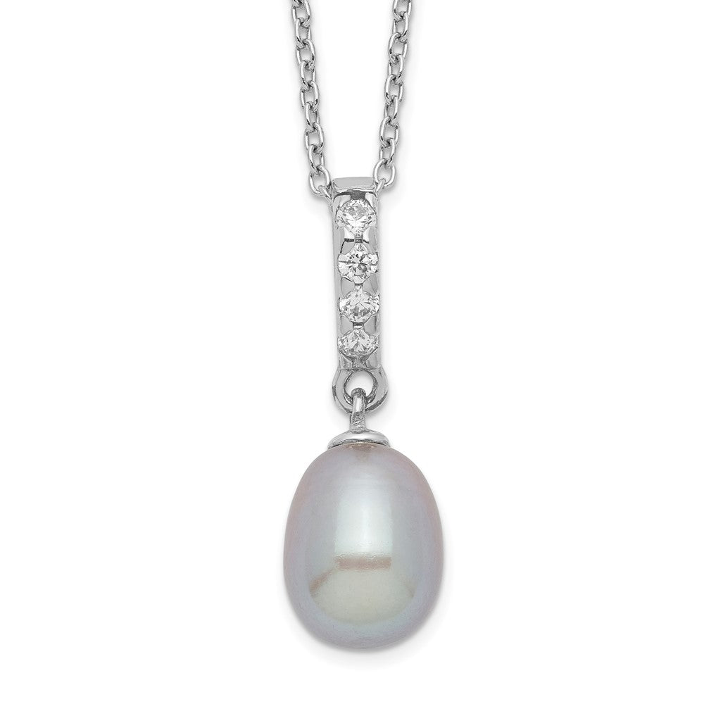 Sterling Silver Rhod-Plat 8-9mm Grey Fwc Pearl Cz Necklace