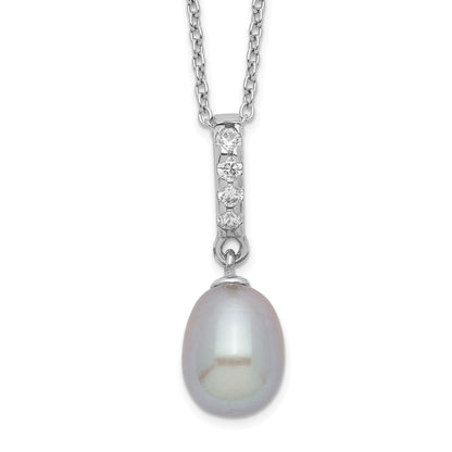 Sterling Silver Rhod-Plat 8-9mm Grey Fwc Pearl Cz Necklace