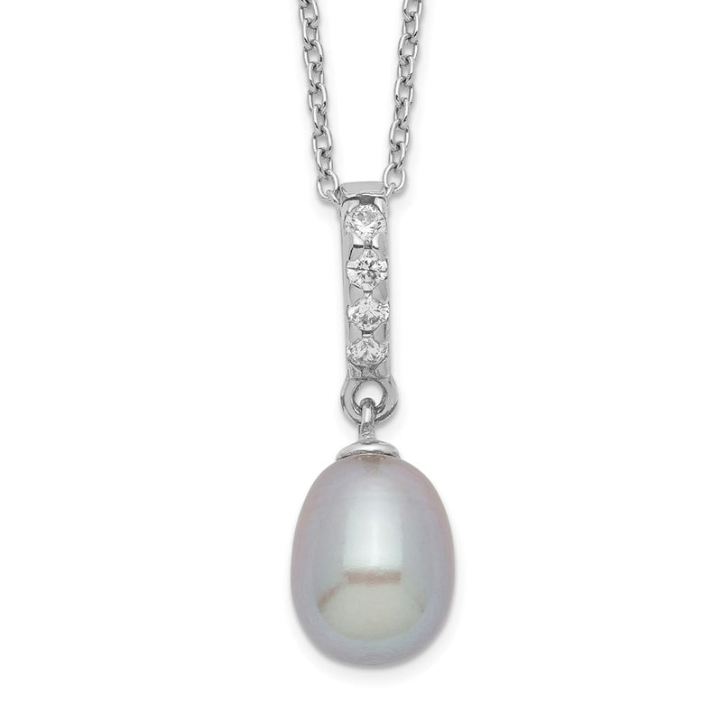 Sterling Silver Rhod-Plat 8-9mm Grey Fwc Pearl Cz Necklace